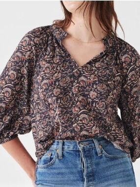 Faherty Portia Womens Sz M Multicolor Cinched Sleeve V-Neck Blouse